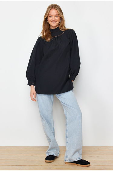 Black Brode Detailed Cotton Woven Tunic