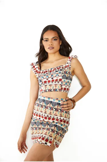 Glamorous Brown Multi Tribal Frill Crop Top