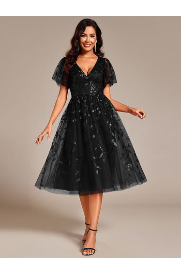 ever SIMONE|Short Sleeves Leaf Sequin A-Line Midi Formal Wedding Guest Dress