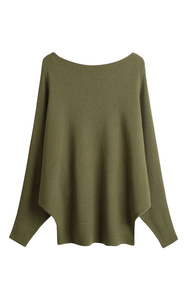 Boat Neck Batwing Sleeves Knit Top in Army Green