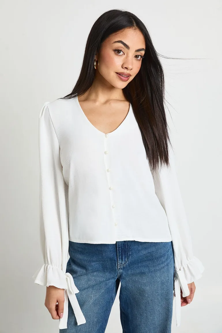 Hammered Button Front Frill Cuff Blouse - ivory