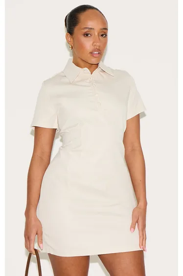 Shape Cream Stretch Woven Button Front Mini Dress