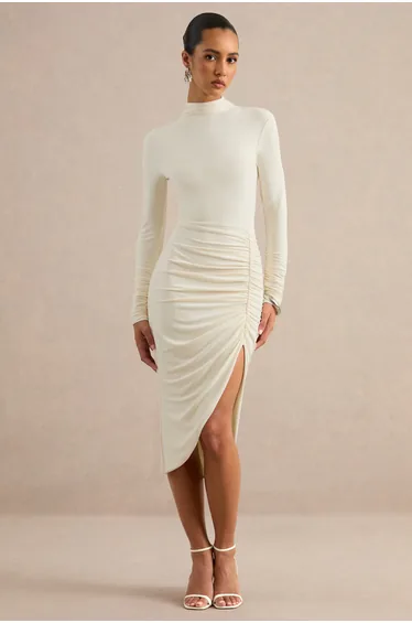 Faylinn | Cream High-Neck Midi Dress With Draped Detailing And Front Split