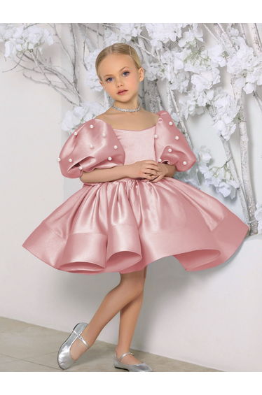 Girls Pink Satin Puff Sleeve Faux Pearls Detail Dress