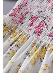 Delicate Floral Lace Panel Puff Sleeve Shirred Maxi Dress for Seaside Vacations & Romantic Getaways - 4