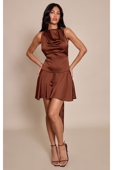 Chocolate Satin Cowl Neck Backless Playsuit
