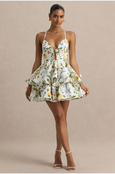 Flavia | White Botanical Print Linen Plunge-Neck Ruffled Skater Micro-Mini Dress