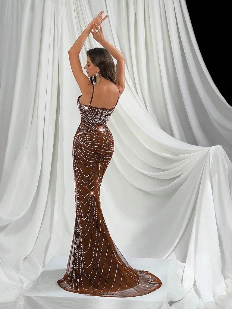 QOQ Brown Beaded Chiffon Evening Dress - 6