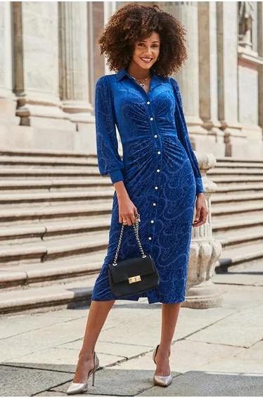 Sapphire Blue Velvet Paisley Devoré Shirt Dress