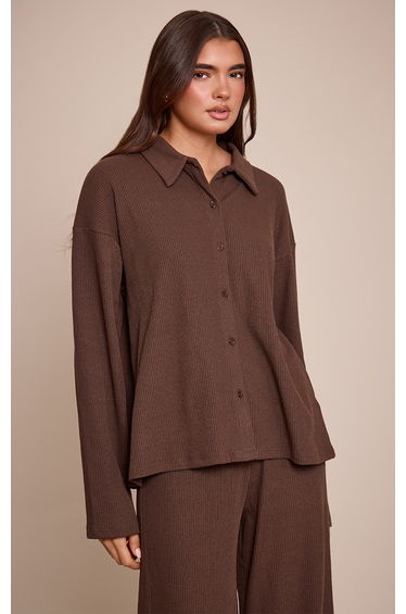 Dark Brown Heavy Rib Long Sleeve Collared Shirt