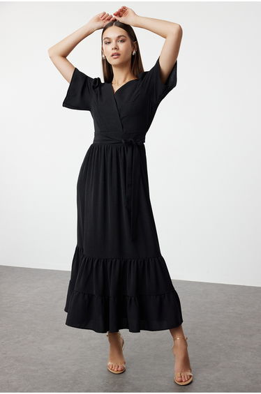 Black Belted Woven Double Breasted Collar Back Detailed Midi Woven Dress