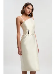 Satin Twill Trim Detail Structured Asymmetric Neck Tailored Midi Dress - 1