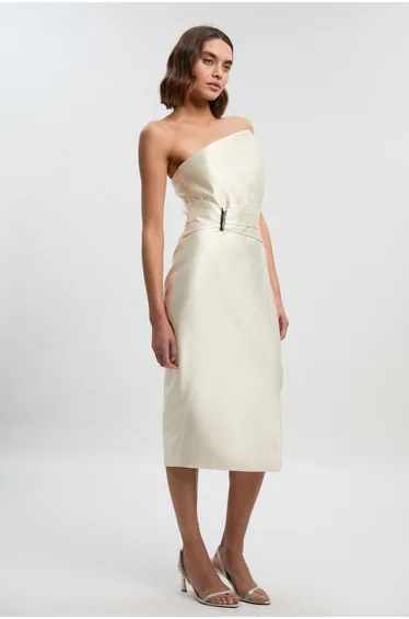 Satin Twill Trim Detail Structured Asymmetric Neck Tailored Midi Dress