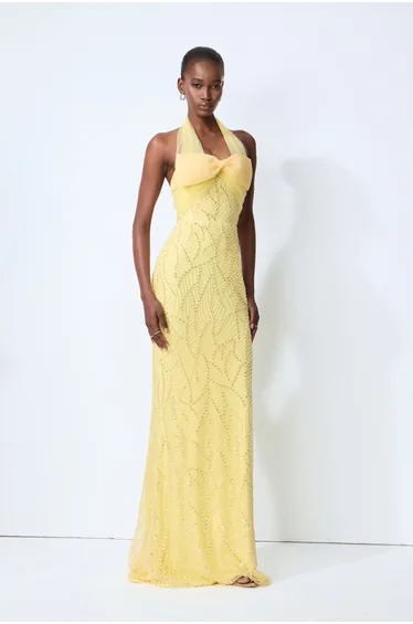 Shine Into Midnight Yellow Bow Sequin Embellished Maxi Dress