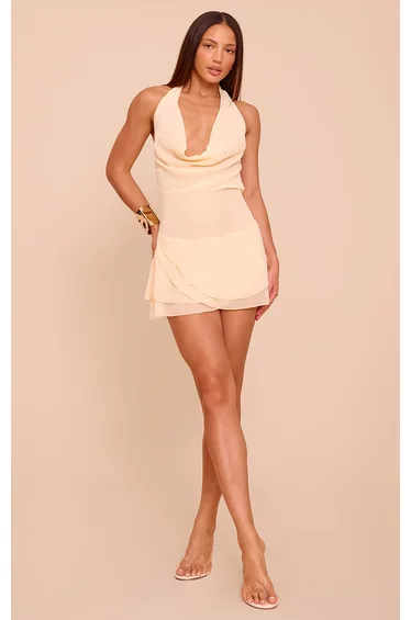 Tall Almond Chiffon Cowl Neck Ruched Scarf Detail Mini Dress