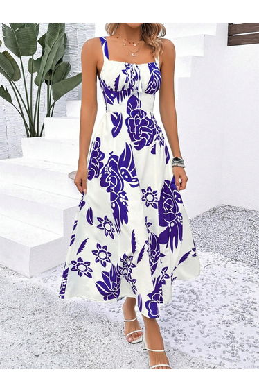 Women Blue Printed Strappy A-Line Maxi Dress