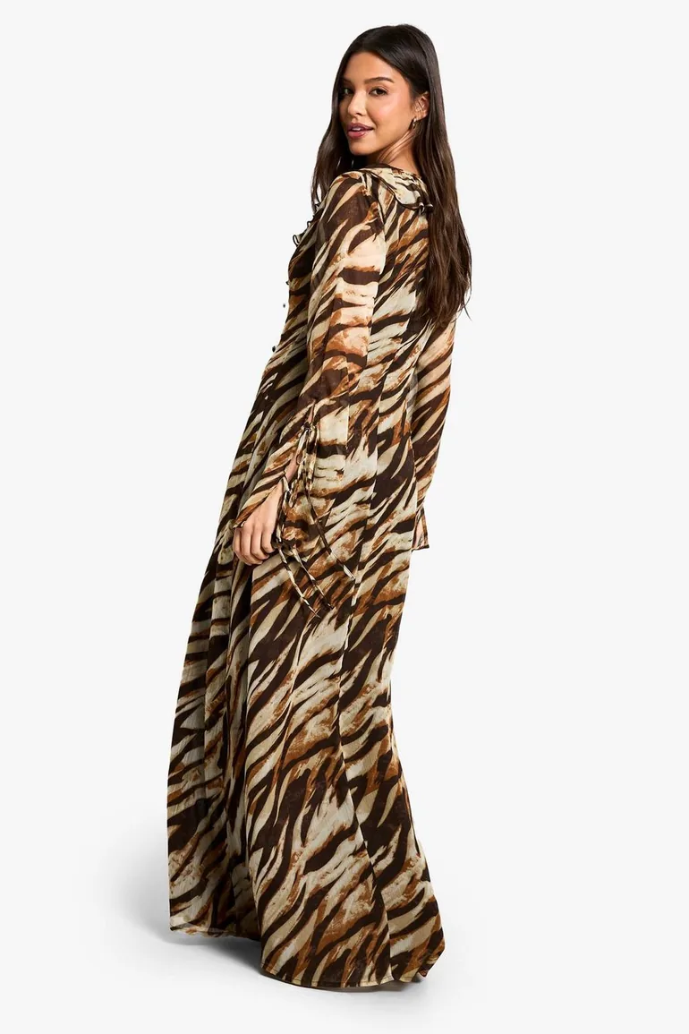 Zebra Ruffle Tie Sleeve Belted Chiffon Dress - brown - 1