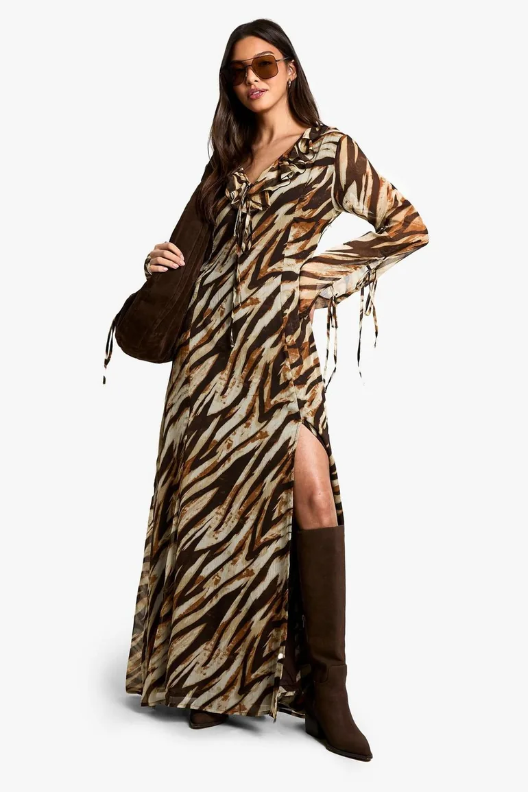Zebra Ruffle Tie Sleeve Belted Chiffon Dress - brown