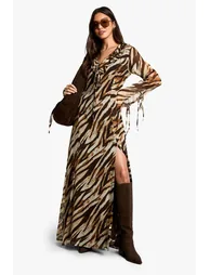 Zebra Ruffle Tie Sleeve Belted Chiffon Dress - brown