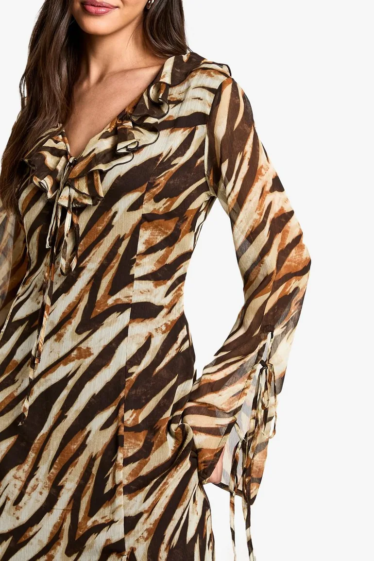 Zebra Ruffle Tie Sleeve Belted Chiffon Dress - brown - 3