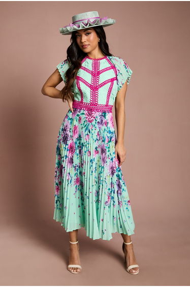 Petite Lisa Tan Floral Printed Lace Trim Pleated Midi Dress