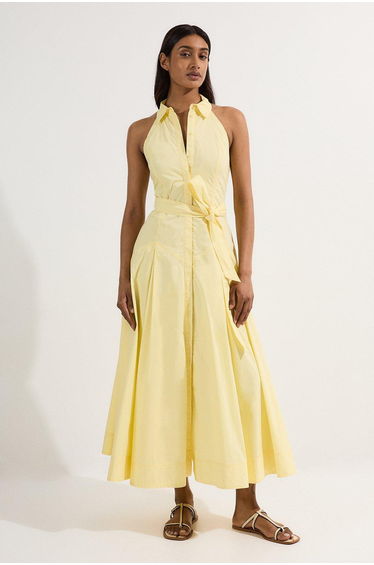 Cotton Collared Halter Neck Woven Midi Shirt Dress With Dropped Waist Detail