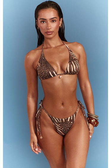 Brown Mixed Animal Print Thong Ruched Bum Bikini Bottoms
