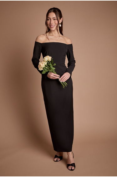 Crepe Bardot Long Sleeve Bridesmaid Maxi Dress