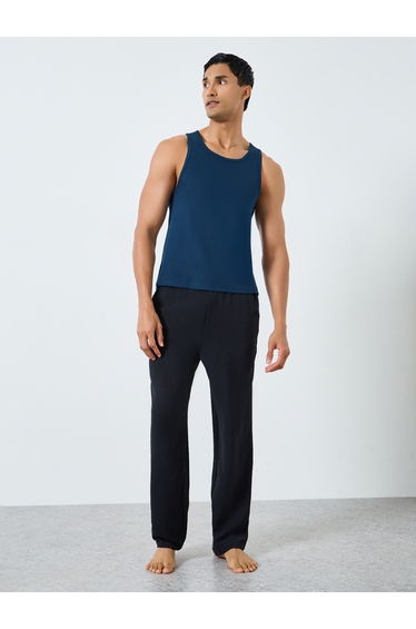Men Blue Cotton Ribbed Vest