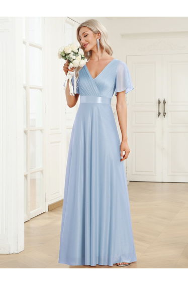 ever LIORÉ|Plus Size V Neck Ribbon Waist Formal Evening Dress With Sleeves