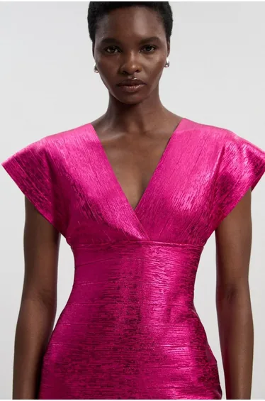 Foil Metallic Figure Form Bandage Angel Sleeve Knit Maxi Dress