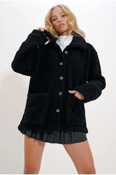 Women's Black Double Pocket Button Front Shawl Collar Plush Jacket