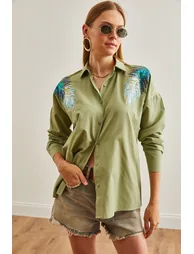 Women's Mold Green Leaf Sequin Detailed Woven Shirt
