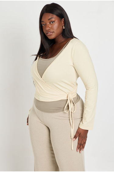 Plus Contrast Wrap Detail Long Sleeve Top - lemon
