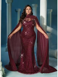 Noble Queen Plus Size Sequins Standing Neck Shawl Gown Dress - 5
