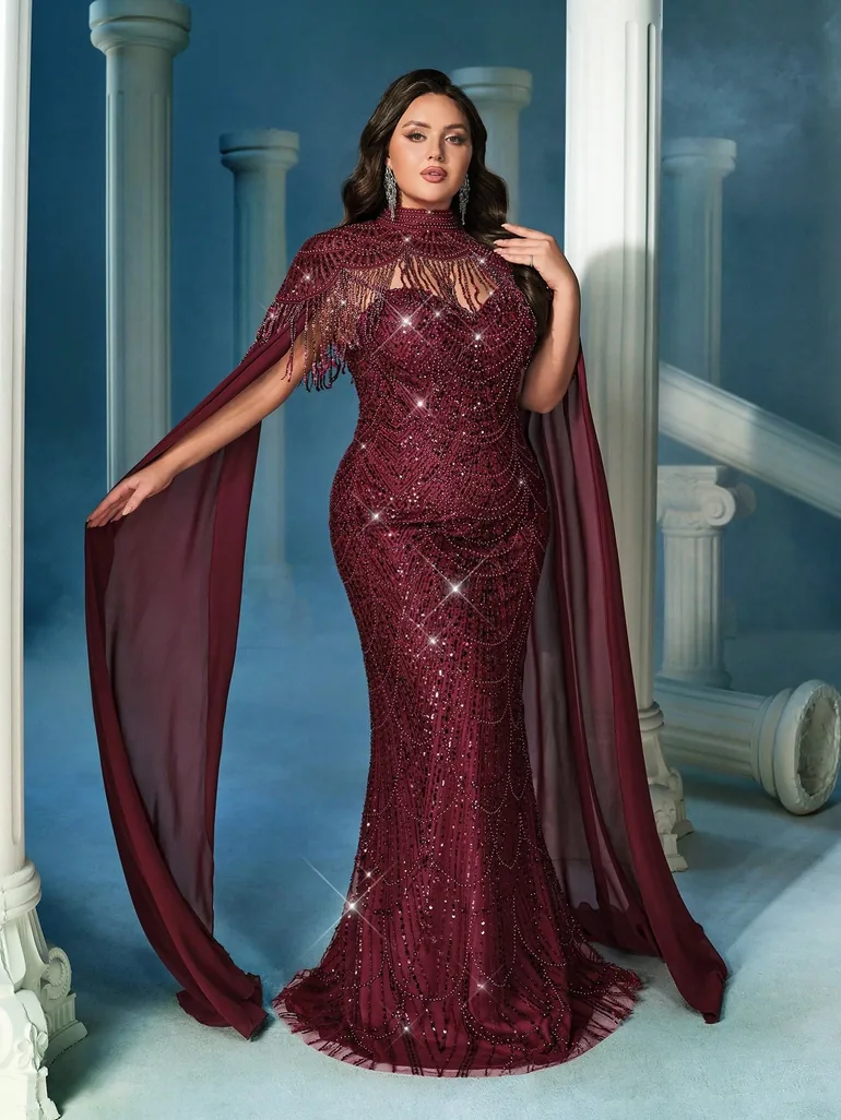 Noble Queen Plus Size Sequins Standing Neck Shawl Gown Dress - 4