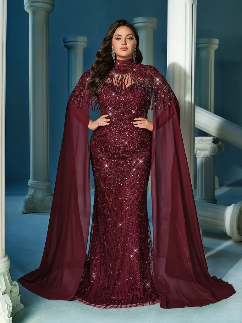 Noble Queen Plus Size Sequins Standing Neck Shawl Gown Dress - 2