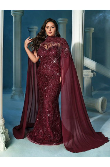 Noble Queen Plus Size Sequins Standing Neck Shawl Gown Dress