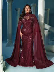 Noble Queen Plus Size Sequins Standing Neck Shawl Gown Dress - 1