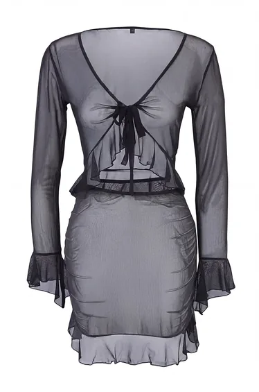 Black Knitted Mesh Ruffle Detailed Super Mini Beach Blouse Skirt Set