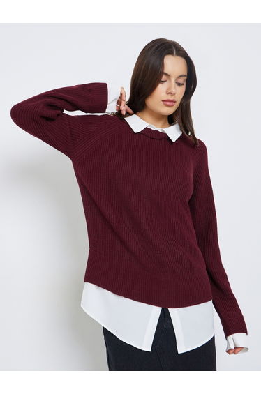 Burgundy Knitted Sweater with Shirt