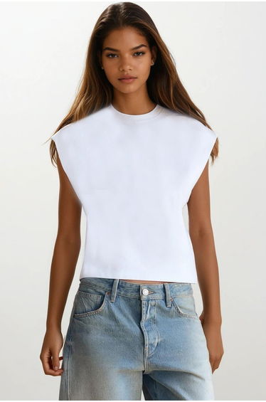 Women's White Crew Neck Shoulder Shoulder Pad Pack Sleeveless T-Shirt