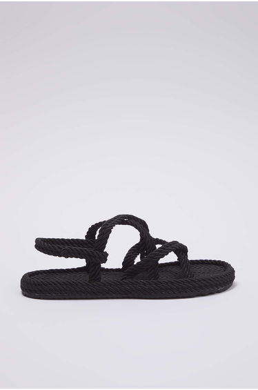 Black Cross Banded Rope Drawstring Women's Straw Sandals