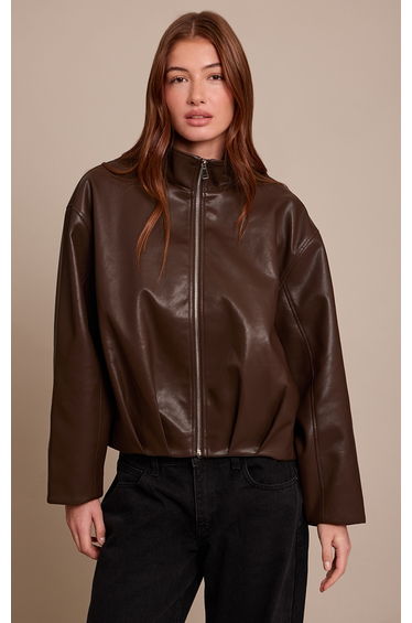 Chocolate Brown Faux Leather Funnel Neck Gathered Back Bomber Jacket