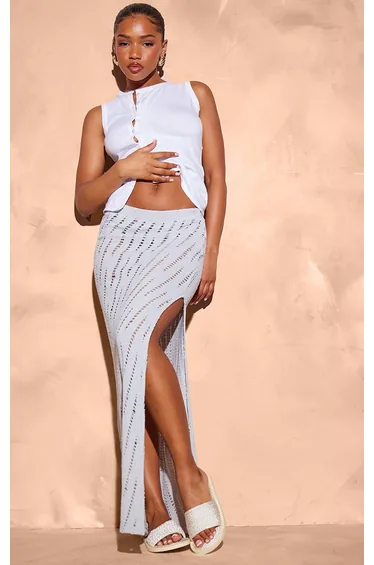 Pale Grey Distressed Knit Maxi Skirt