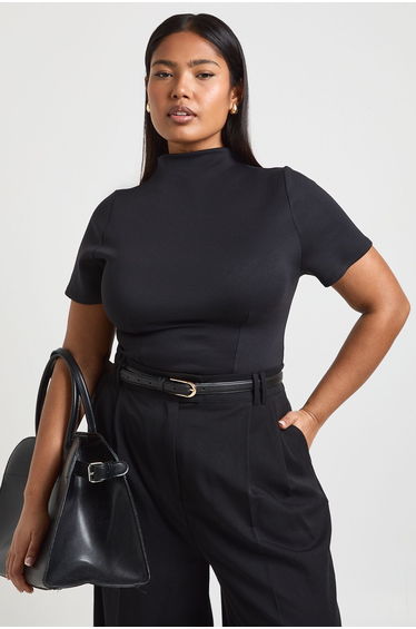 Plus Cinched Waist High Neck Top - black