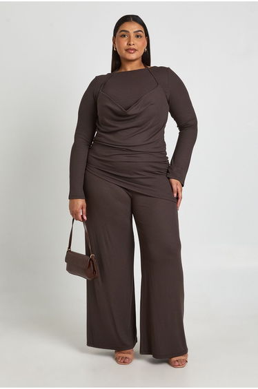 Plus Rib Double Layer Long Sleeve Asymmetric Top - chocolate