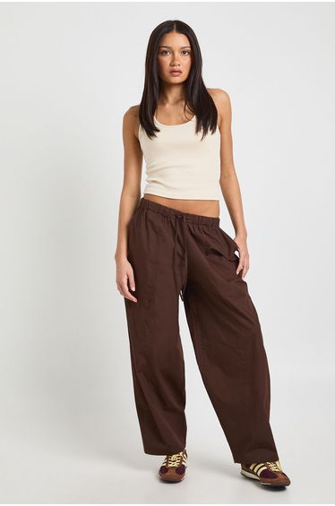 Poplin Drawcord Barrel Leg Poplin Trouser - chocolate