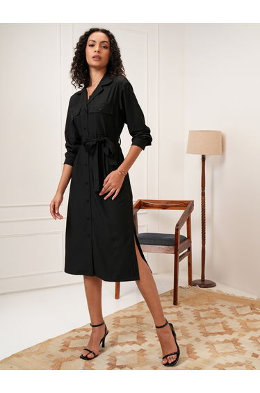 Solid Shirt Midi Dress with Waist Tie Detail