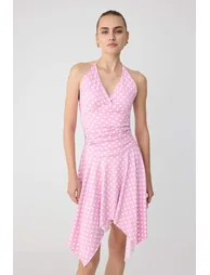 Light Pink Polka Dot Skater Degaje Collar Thin Straps Sleeveless Mini Stretchy Knitted Dress
